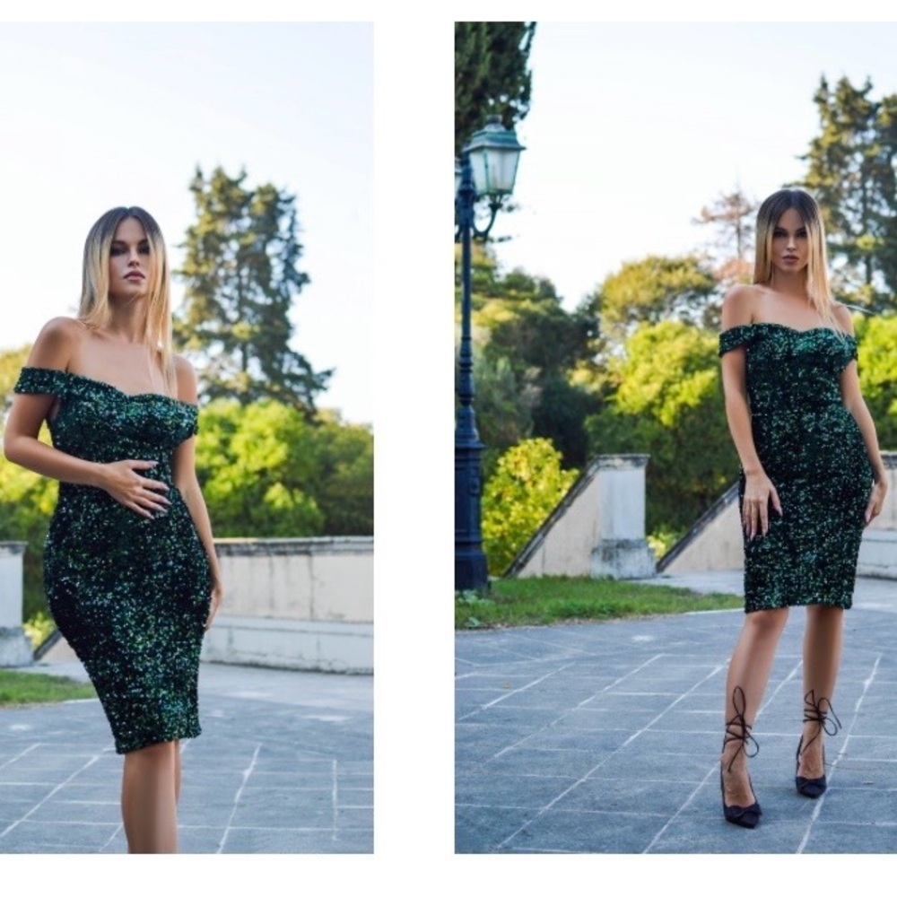 BNWT Retro Stage GREEN 1960S SEQUINS OFF-SHOULDER PENCIL DRESS Size L $99.89 USD